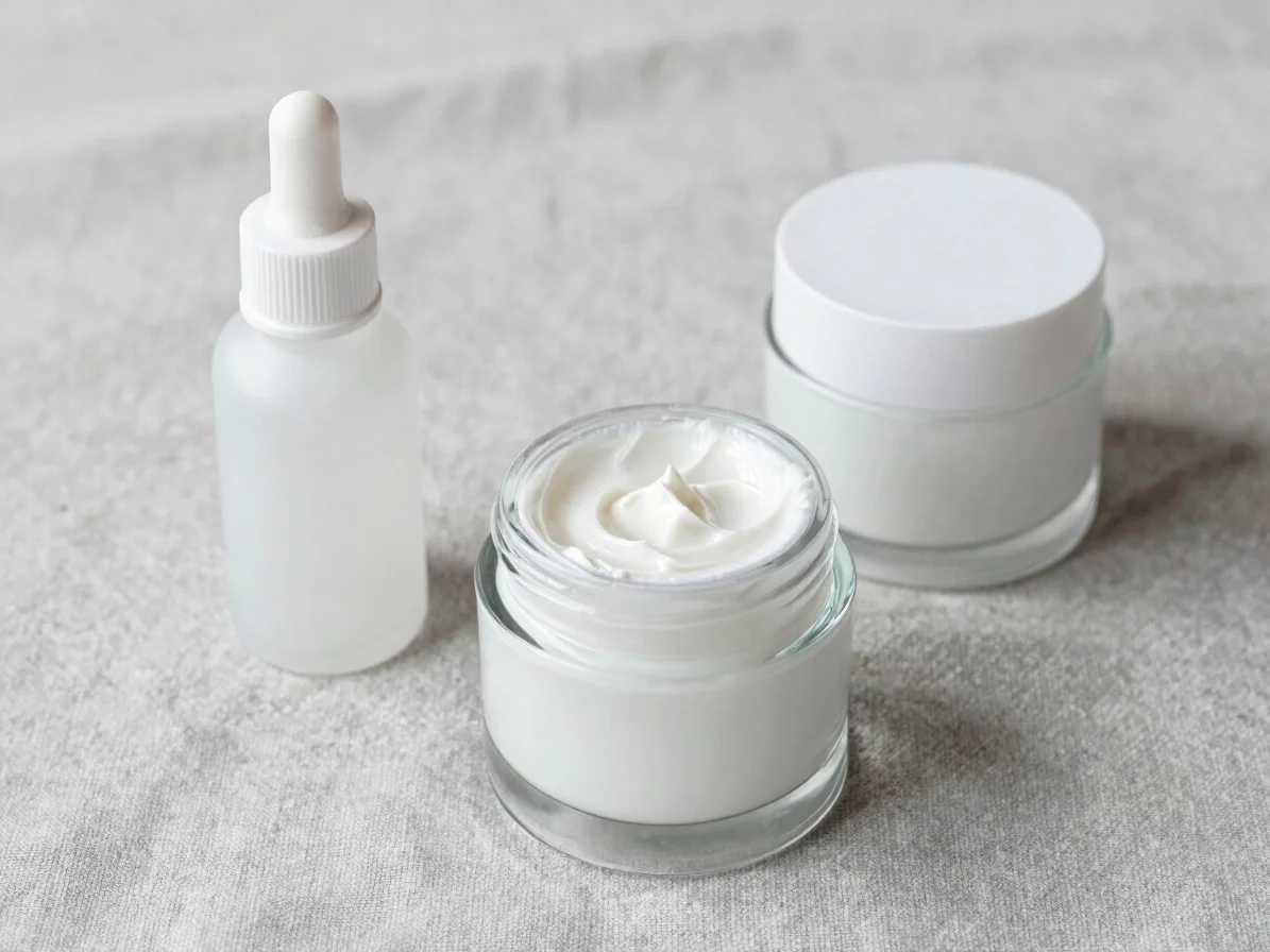 Clean overhead arrangement of a white skincare dropper bottle and a cream jar on soft light gray linen, diffused dayligh