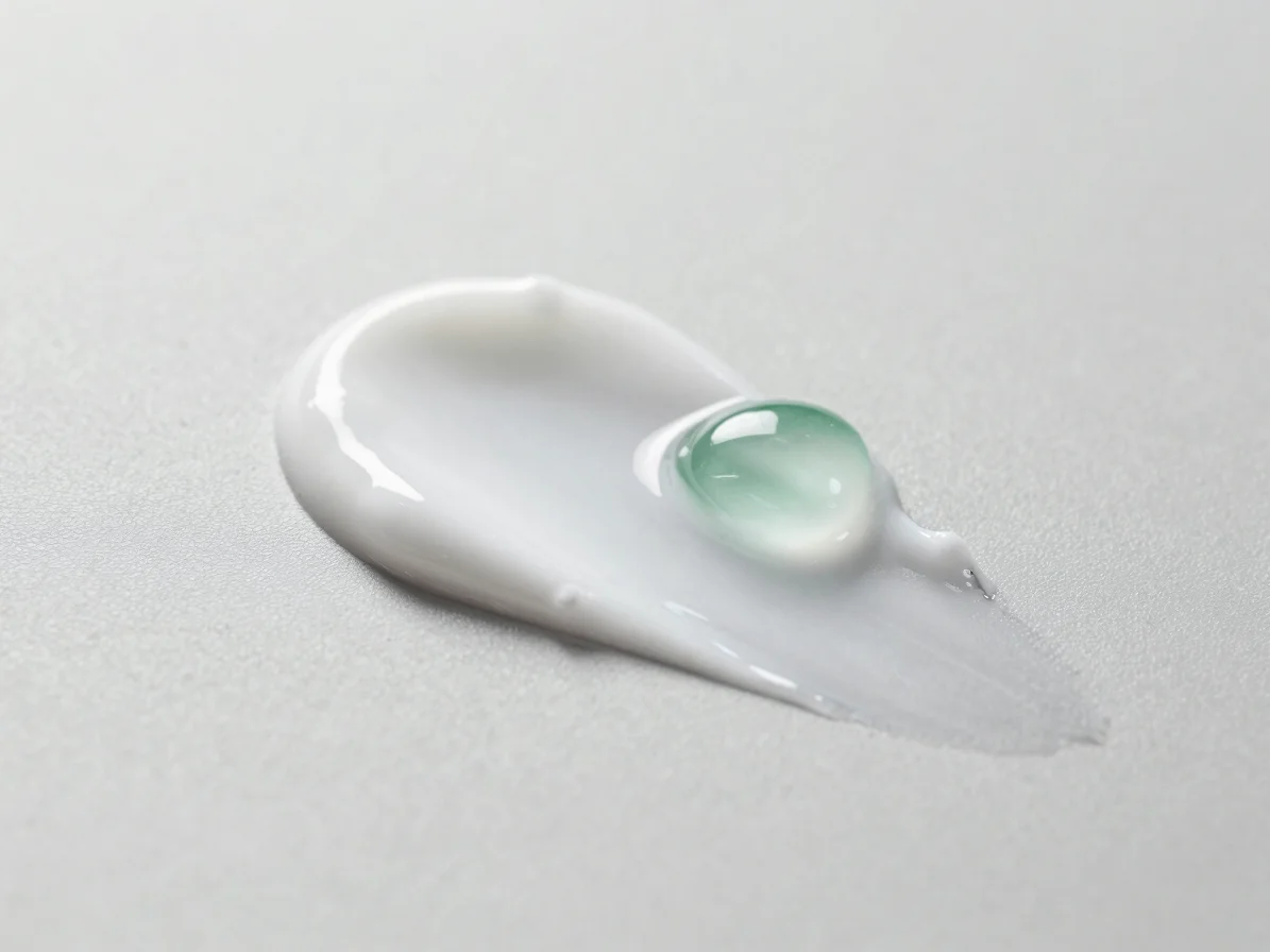 Tight texture study of a smooth white hydrating cream swatch beside a clear gel droplet on pale light gray surface, soft