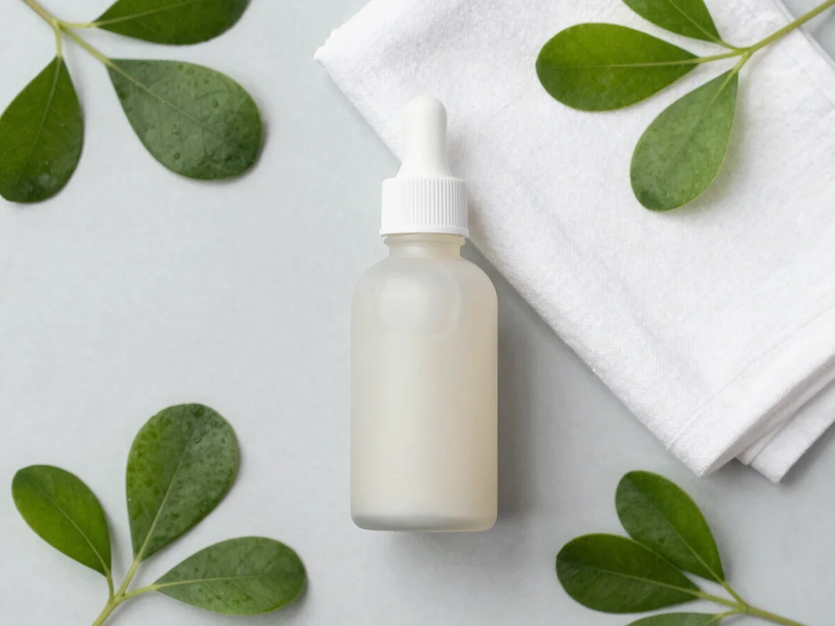 Overhead view of a neutral dropper bottle, a folded white cloth, and fresh green botanical leaves on a light gray backgr