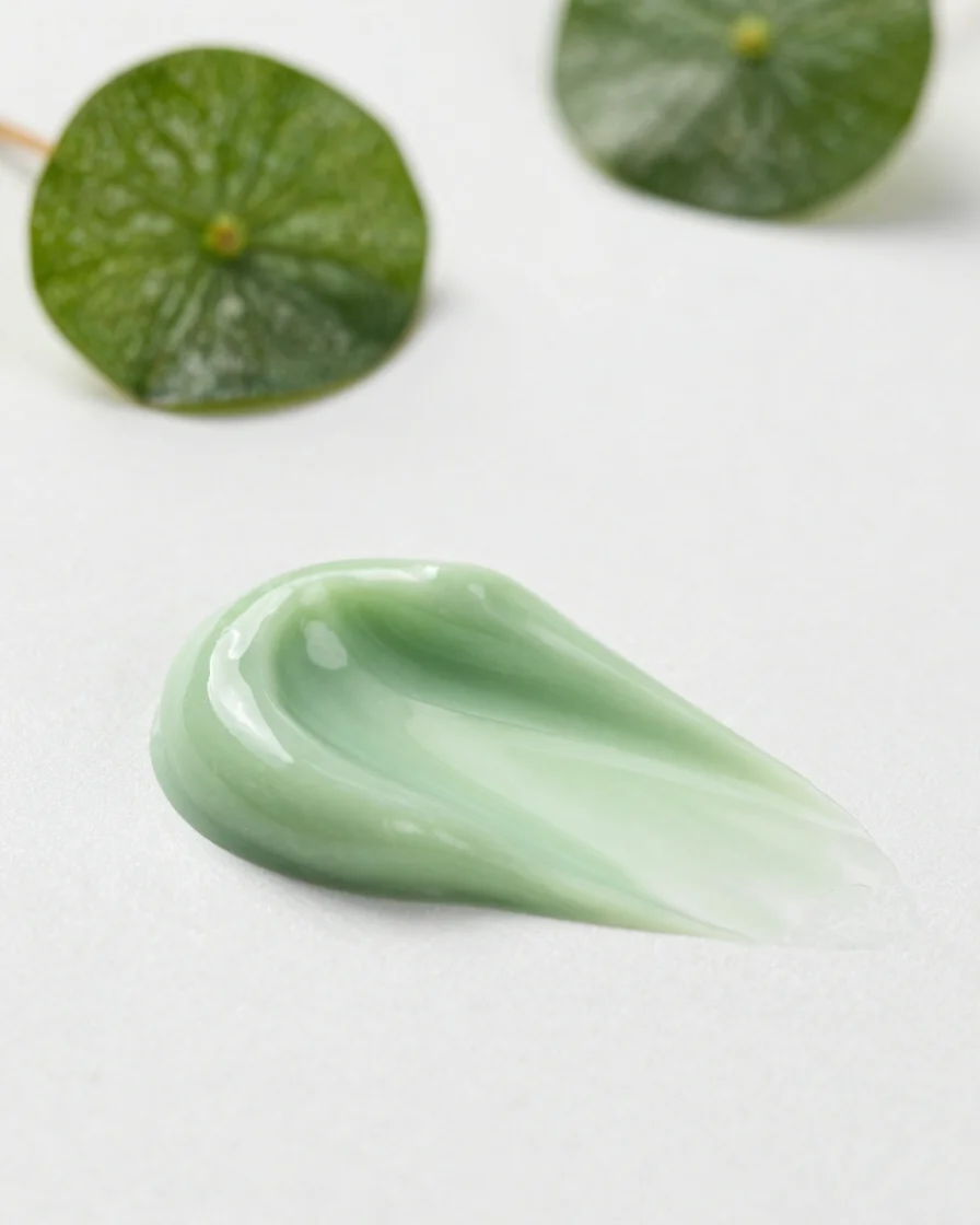 Close macro of a soft green botanical gel texture on white, soft diffused daylight, centella leaf out of focus in backgr