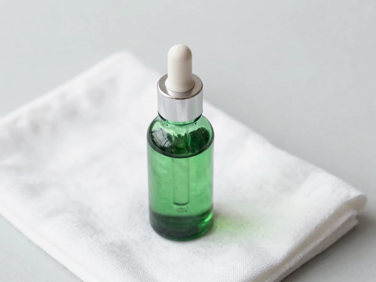 Clean overhead view of a green-tinted glass dropper bottle beside a white cloth on light gray, soft diffused daylight, c